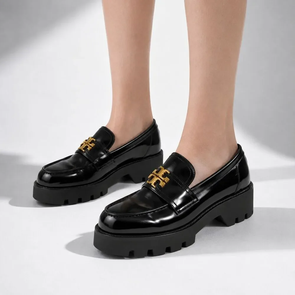 Tory Burch Everly Loafers Black Leather Mini Chunky Lug Sole Women 9.5 M Preppy
